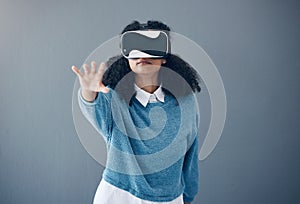 Virtual reality headset, metaverse and woman with hand for mockup space and 3d game in studio. Gamer person vr glasses