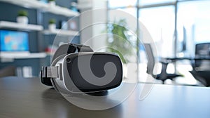 Virtual reality headset showcased on an office desk for immersive digital experiences photo