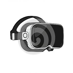 A virtual reality headset with a sleek design, featuring a large black front panel. The