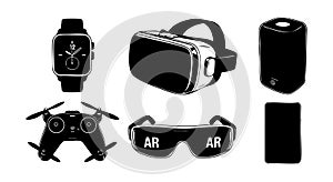 Virtual reality headset smartwatch drone controller augmented reality glasses vector illustration