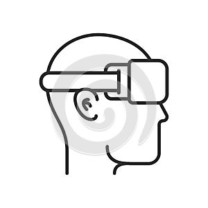 Virtual reality illustration. Head silhouette with VR headset in modern outline vector flat style. Line icon