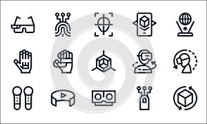 Virtual reality line icons. linear set. quality vector line set such as d, stereoscope, vr, tap, degrees, vr, virtual reality,
