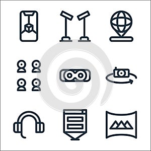 Virtual reality line icons. linear set. quality vector line set such as virtual, d hologram, headset, camera, vr glasses, sensors