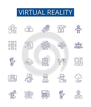 Virtual reality line icons signs set. Design collection of Virtual, Reality, Augmented, Simulation, 3D, Immersive