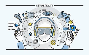 Virtual reality lineart banner. colorful vector illustration