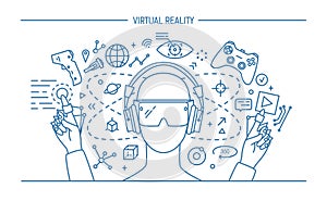Virtual reality lineart banner. contour vector illustration