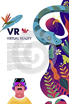 Virtual reality. The man with the glasses of virtual reality in the jungle of the Mesozoic period among the dinosaurs and tropical