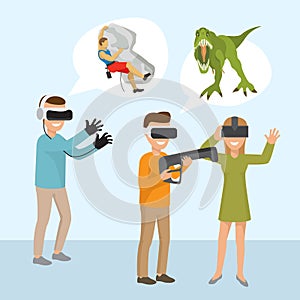 Virtual reality. Man with a gun and girl wearing virtual reality glasses in the Mesozoic jungle. Adventures among