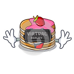 Virtual reality pancake with strawberry mascot cartoon