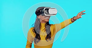 Virtual reality, reaching and woman on blue background for futuristic ai, cyberspace and metaverse. Technology, ux and