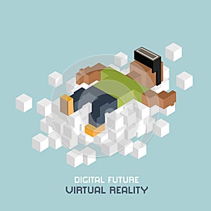 Virtual reality relaxation on cloud, black man in VR glasses, advertising concept. Cubes composition isometric vector illustration