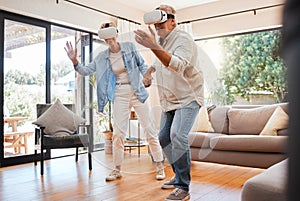 Virtual reality, senior couple and 3d video game experience or digital gaming in living room home. Metaverse, futuristic