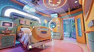 A virtual reality simulation of a childs hospital room where they can roleplay as a patient and learn about hospital photo