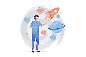 Virtual reality space exploration. Innovative education technology, modern entertainment, immersive experience.