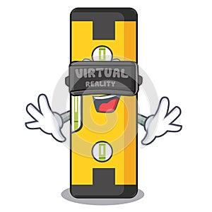Virtual reality spirit level above wooden table character