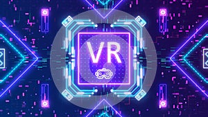 Virtual reality symbol on neon digital background. VR technology sign