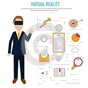 Virtual reality.The technologies for business analysis and planning with mobile and computer systems operations. Vector linear. i