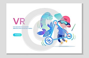 Virtual reality technology. Children in VR headset or VR helmet playing video games. VR glasses technology website page.