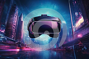 Virtual reality technology world background with VR or AR headset glasses, cyber space futuristic scene, playing virtual game