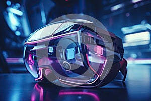 Virtual reality technology world background with VR or AR headset glasses, cyber space futuristic scene, playing virtual game