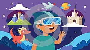 The virtual reality travel experience takes the children to a fairy tale realm with dragons unicorns and magical castles