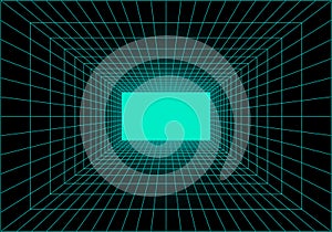 Virtual reality tunnel or wormhole. Perspective grid of empty tunnel with light in the end. Matrix data visualization. Vector photo