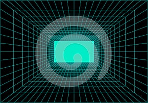 Virtual reality tunnel or wormhole. Perspective grid of empty tunnel with light in the end. Matrix data visualization. Vector