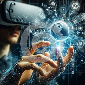 Virtual reality user exploring digital world with futuristic interface