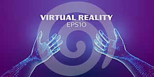 Virtual reality vector background. Hands in VR technology. Touch to virtual reality cyberspace. Augmented tech