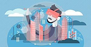 Virtual reality vector illustration. Tiny simulation glasses person concept