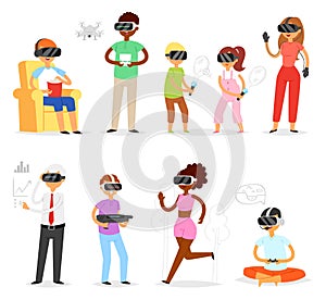 Virtual reality vector people in vr character gamer with vr glasses and person playing in virtually game illustration photo