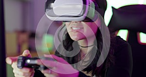 Virtual reality, video gamer woman with metaverse gaming, digital experience and futuristic glasses. Future technology