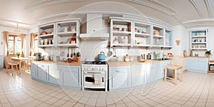 A virtual reality view of a kitchen with blue cabinets, AI