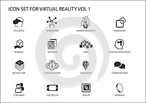 Virtual Reality (VR) icon set. Multiple symbols in flat design