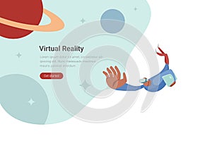 Virtual Reality VR Technology flat vector design illustration. Man in Virtual Glasses flying in space with planets