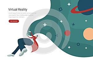 Virtual Reality VR Technology flat vector design illustration. Woman in Virtual Glasses flying in space with planets