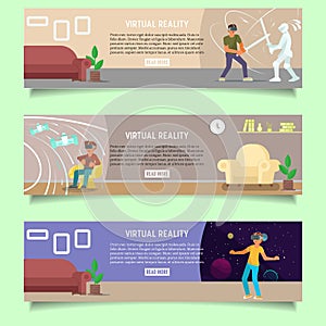 Virtual reality web banner template set, vector flat illustration