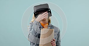 Virtual reality, woman and popcorn, funny video with 3D experience, metaverse and future technology on blue background