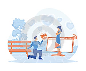 Virtual relationships online dating cartoon composition with computer screens and couple having date