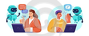 Virtual robot assistant, ai chatbot. Online help or support. Man using laptop works with artificial intelligence photo