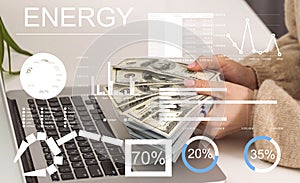 virtual screen with energy percentages hologram, virtual screen icons and global connection. Concept of energy and save
