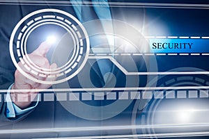 Virtual scrren with businessman choosing security with text and space for logo.