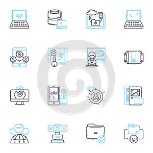 Virtual security linear icons set. Encryption, Firewall, Authentication, Malware, Passwords, Privacy, Cybersecurity line photo