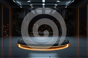 Virtual showcase 3D rendering features an empty platform in showroom