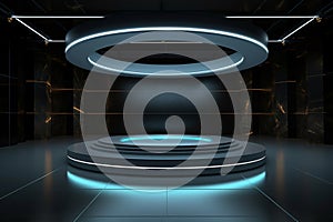 Virtual showcase 3D rendering features an empty platform in showroom