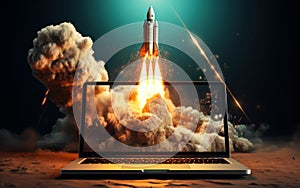 Virtual Space Journey Rocket Liftoff from Laptop photo