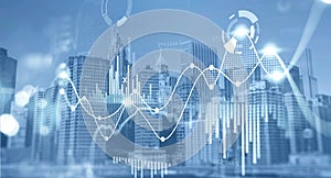 Virtual stock market lines and financial charts over downtown city view, skyscrapers. Concept of finance advisory and