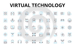 Virtual technology linear icons set. Immersive, Digital, Augmented, Cyber, Virtuality, Simulated, Holographic vector