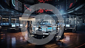 A virtual trading floor simulated on multiple screens in a high-tech gaming setup