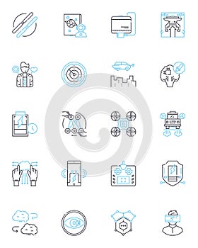 Virtual transport linear icons set. Teleportation, Comms, Holoportation, Virtuality, Oculus, Augmented Reality